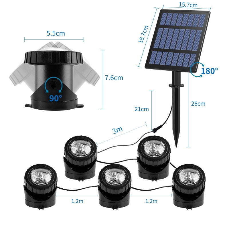 T-SUN Solar Pond Lights, 5 Headlamp RGB LED Spotlights Color Changing Submersible Fountain Lights, Underwater Solar Fish Tank Light Adjustable Lighting Angle for Garden Fountain, Pond, Pool Decoration - Image 3
